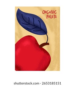Organic Fruits Poster. Red Apple Fruit with leaves, hand drawn doodle sketch with texture isolated. Flat vector illustration Food template for menu, recipe, farmers market.
