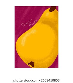Organic Fruits Poster. Yellow pear Fruit, hand drawn doodle sketch with texture isolated Flat vector illustration Food template for menu, recipe, farmers market. Purple and yellow bright poster