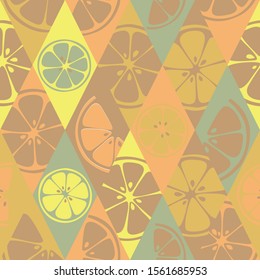 Organic fruits texture. Kitchen botanical design in pastel color. Nature orange seamless pattern. Vector illustration of lime, pomelo, citron, mandarin.