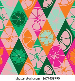 Organic fruits texture. Kitchen botanical design. Exotic colored cartoon seamless pattern. Vector illustration of lime, pomelo, citron, mandarin.