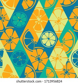 Organic fruits texture. Kitchen botanical design. Jungle orange seamless pattern. Vector illustration of lime, pomelo, citron, mandarin.