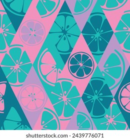 Organic fruits texture. Kitchen botanical design. Tropical pink seamless pattern. Vector illustration of lime, pomelo, citron, mandarin.