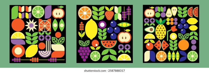 Organic fruits and vegetables banners set. Geometric abstract background in minimalist design.