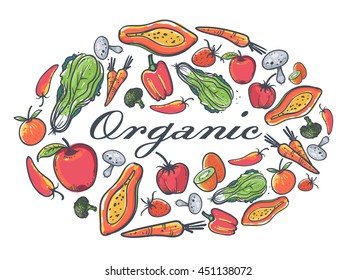 Organic fruits and vegetables elements,set for food and drink.