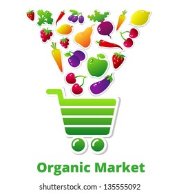 Organic fruits and vegetables falling into the shopping cart. Vector illustration. Organic market