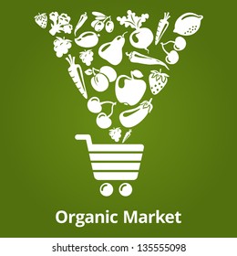 Organic fruits and vegetables falling into the shopping cart. Vector illustration. Organic market