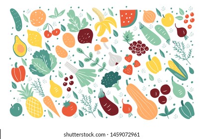 Organic fruits and vegetables flat hand drawn icons isolated on white background. Vector set for your design.