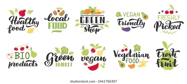 Organic fruits and veggies labels. Healthy local vegetables badges for bio product packaging. Vegetarian food for grocery shops and green markets. Quality ingredients isolated vector set