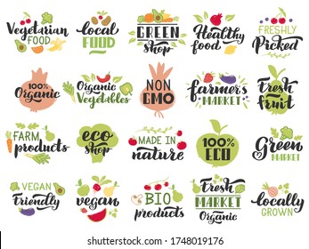 Organic fruits and veggies labels. Vegetarian fruits, vegetables lettering badges, fresh eco market vegan menu stamp isolated vector icons set. Vegetarian badge, logo vegan bio product illustration