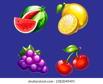 Frutas orgánicas de la sandía uvas de limón y cerezas. Conjunto de ilustraciones de iconos aislados de vectores