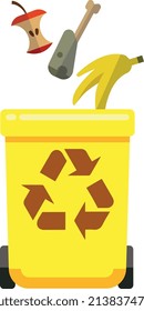 Basura orgánica en un bote de basura con letrero de reciclaje
