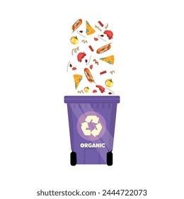 Organic garbage falling into container on white background. Recy