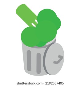 Organic garbage icon isometric vector. Green broccoli in trash can with lid icon. Household waste, sorting and recycle garbage