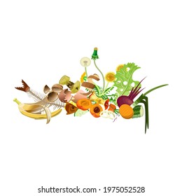 Organic garbage with leftovers of food, peel vegetable and fruit, eggshell and walnut shell and weed. Vector illustration isolated on white background