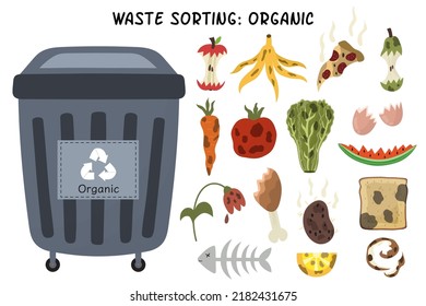 Organic garbage sorting set. Grey trash can for organic waste with rotten fruits, vegetables and other food. Separating and recycling objects collection. Vector illustration