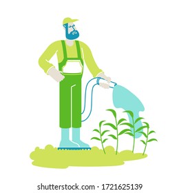 Organic Gardening Hobby or Seasonal Work Concept. Gardener or Farmer Male Character Working in Garden Watering Flowers and Plants with Hose. Young Man in House Yard. Linear Vector Illustration