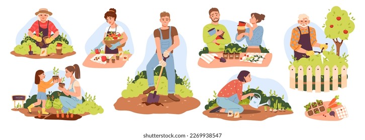 Organic gardening. People of different ages work in the garden, plant and water the plants. Eco concept. Vector illustration.
