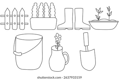Organic Gardening Tools and Nature Icons Set — Line Style Vector Collection