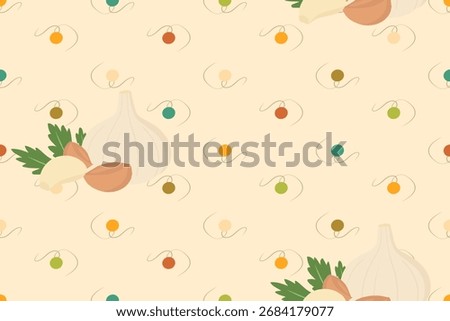 Organic Garlic Bulb and Cloves seamless background. Classic kitchen vector pattern.