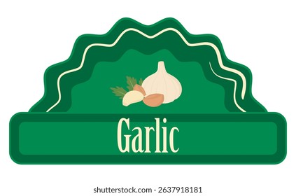 Organic garlic store label or sticker for your product. Raw organic garlic shop tag vector illustration.