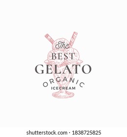 Organic Gelato Abstract Sign, Symbol or Logo Template. Hand Drawn Ice Cream Sketch Illustration with Typography. Italian Style Sweets Vector Emblem Concept. Isolated.