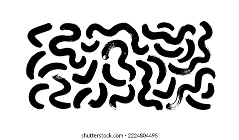 Organic geometric curved lines isolated on white background. Bold swirls and curly brush strokes collection. Biological grunge squiggles. Chaotic vector black and white elements. Grunge circular lines