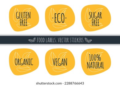 Organic Gluten Sugar Free Vegan Eco 100% Natural vector icon. Product sticker set. Isolated sign. Illustration symbol for food, label, healthy eating, lifestyle, diabetes, diet, design element