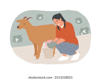 Organic goat milk isolated cartoon vector illustrations. Young farmer milks a goat, modern agriculture, organic farming industry, livestock farm, countryside lifestyle vector cartoon.