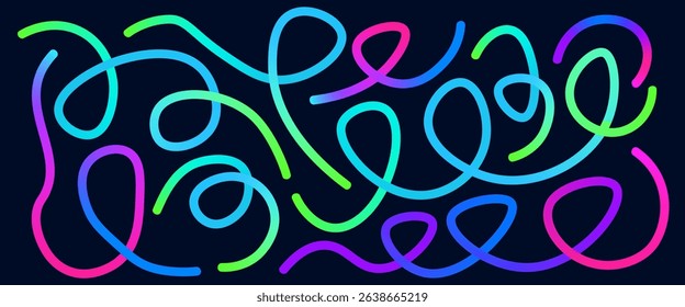 Organic gradient lines pattern set. Wavy abstract shapes collection. Decorative squiggles doodle. Iridescent curved spirals. Vector rainbow swirls. Carnival party gradations strokes on dark background