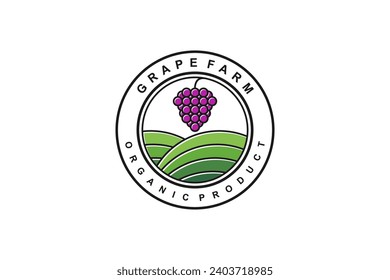 Organic grape fruit farm field label logo design vintage classic rounded shape.