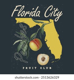 Impressão gráfica orgânica, frutos de pêssego t projetos de camisas, gráfico meninas, flórida cidade Fruit Club, arte vetorial de pêssego com tipografia, ilustração de frutas vintage retro para T,, gráficos de moda de comida das mulheres