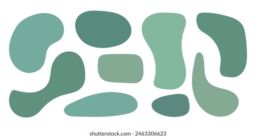 Forma asimétrica de mancha verde orgánica. Punto líquido abstracto irregular. Figura curva suave. Plantilla de etiquetas para productos ecológicos. Elemento de diseño aislado en blanco