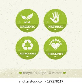 Organic Green Circle Icons. Creative Nature Friendly Eco Vector Concept on Recycled Paper Background