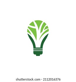Organic Green contour of electric light bulb with three green leaves. Flat outline icon. Vector illustration. Eco friendly