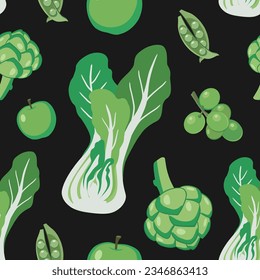Organic green farm produce. Seamless vector pattern of fresh fruits and vegetables.