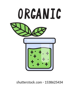 Organic green liquid in vitro. Non toxic Bank for chemical experiments. Manufacture of cosmetics.