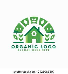 Organic green nature leaf concept farm home house logo design vector