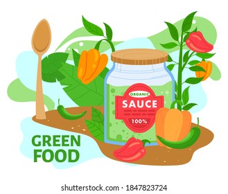 Organic green sauce in jar vector illustration. Cartoon flat vegetarian or vegan cuisine food product, preserved sauce from ripe vegetable and greenery, herbs in glass jar packaging isolated on white