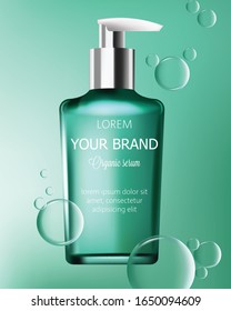 Organic green serum bottle with place for brand. Soap bubbles on background. Product placement. Label design package. Vector