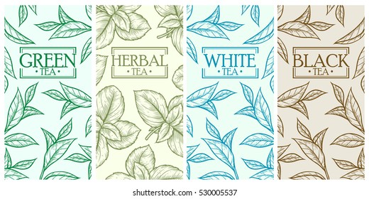 Organic green white black herbal tea shop cup leaf, bean vector hand drawn template packaging cosmetic, label, banner, poster, identity, branding. Stylish design with sketch illustration of tea sketch