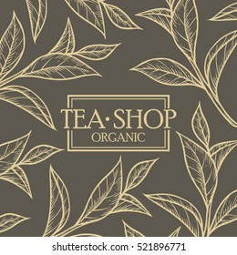 Organic green white black tea shop cup leaf, bean vector hand drawn template packaging cosmetic, label, banner, poster, identity, branding. Stylish design with sketch illustration of tea sketch.