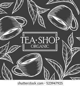 Organic green white black tea shop cup leaf, bean vector hand drawn template packaging cosmetic, label, banner, poster, identity, branding. Stylish design with sketch illustration of tea sketch.