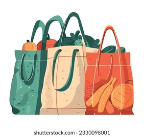 Organic groceries in shopping bags over white