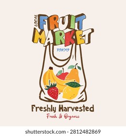 an organic grocery bag overflowing with assorted fresh fruits, including a banana bunch, strawberry, lemon, pear, and red apple. Set against a clean off-white background, the nostalgic vector art layers bold, playful distressed typography reading 