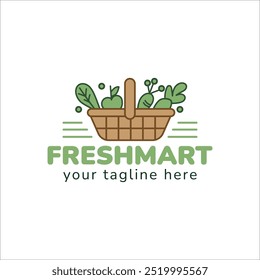 Logotipo de supermercado orgânico com uma cesta preenchida com produtos frescos, destacando produtos naturais, ecologicamente corretos, melhor para lojas de vegetais orgânicos, produtos keto e e-commerce negócios, editável