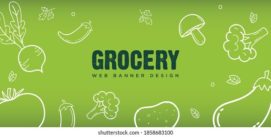 Organic Grocery shopping web banner design for store, Online Market, Home delivery line vector illustration Horizontal.