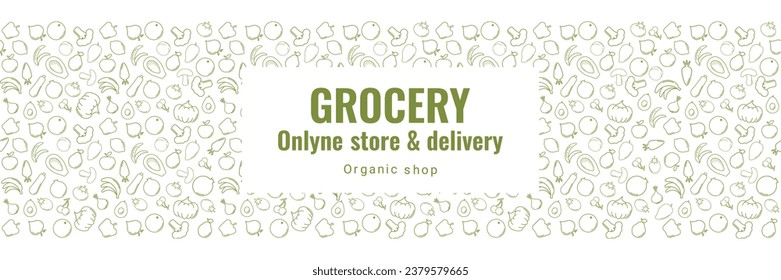 Organic Grocery shopping web banner design, Online Market, Home delivery line vector illustration Horizontal. Green and Whait