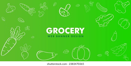 Diseño de banner web de compras de productos orgánicos para tienda, mercado en línea, ilustración vectorial de línea de entrega en casa Horizontal.