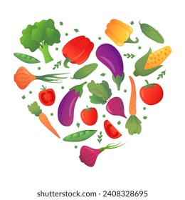 Organic grocery shopping.Heart frame of vegetables cartoon. Happy vegetarian day or vegan.Pattern of vegetables.Healthy food. Eco food. Organic food poster.Vegetables pattern.Vegetables frame.