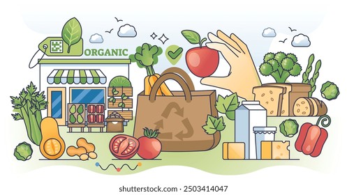 Organic grocery store with ecological food choices outline hands concept. Local and bio products from farmers market vector illustration. Marketplace with fresh natural groceries for customers.